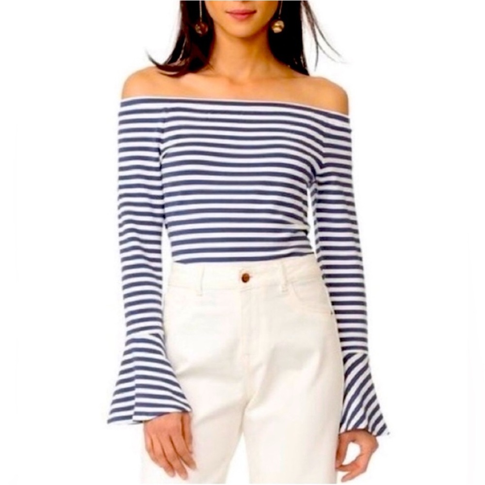 Club Monaco Navy and White Striped Off-Shoulder Top
